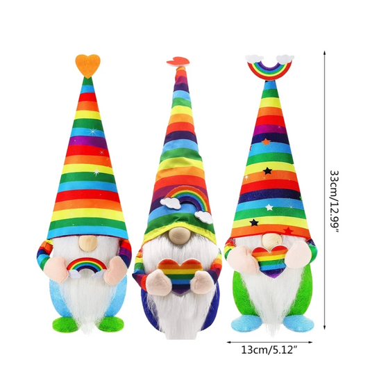 Rainbow pixies Lasse, Knut and Mauno in three different colors